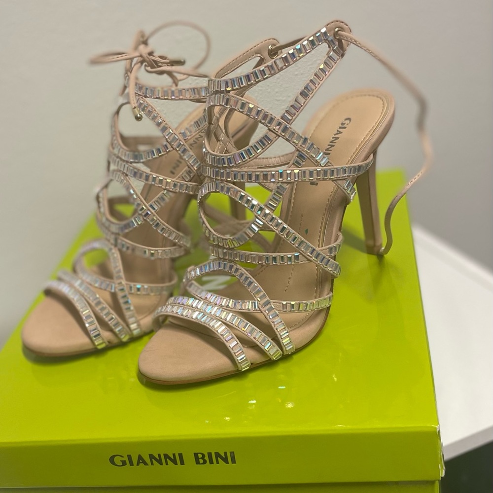 Gianni Bini Formal Strappy Heels Size 5M Nude with Rectangular Rhinestones